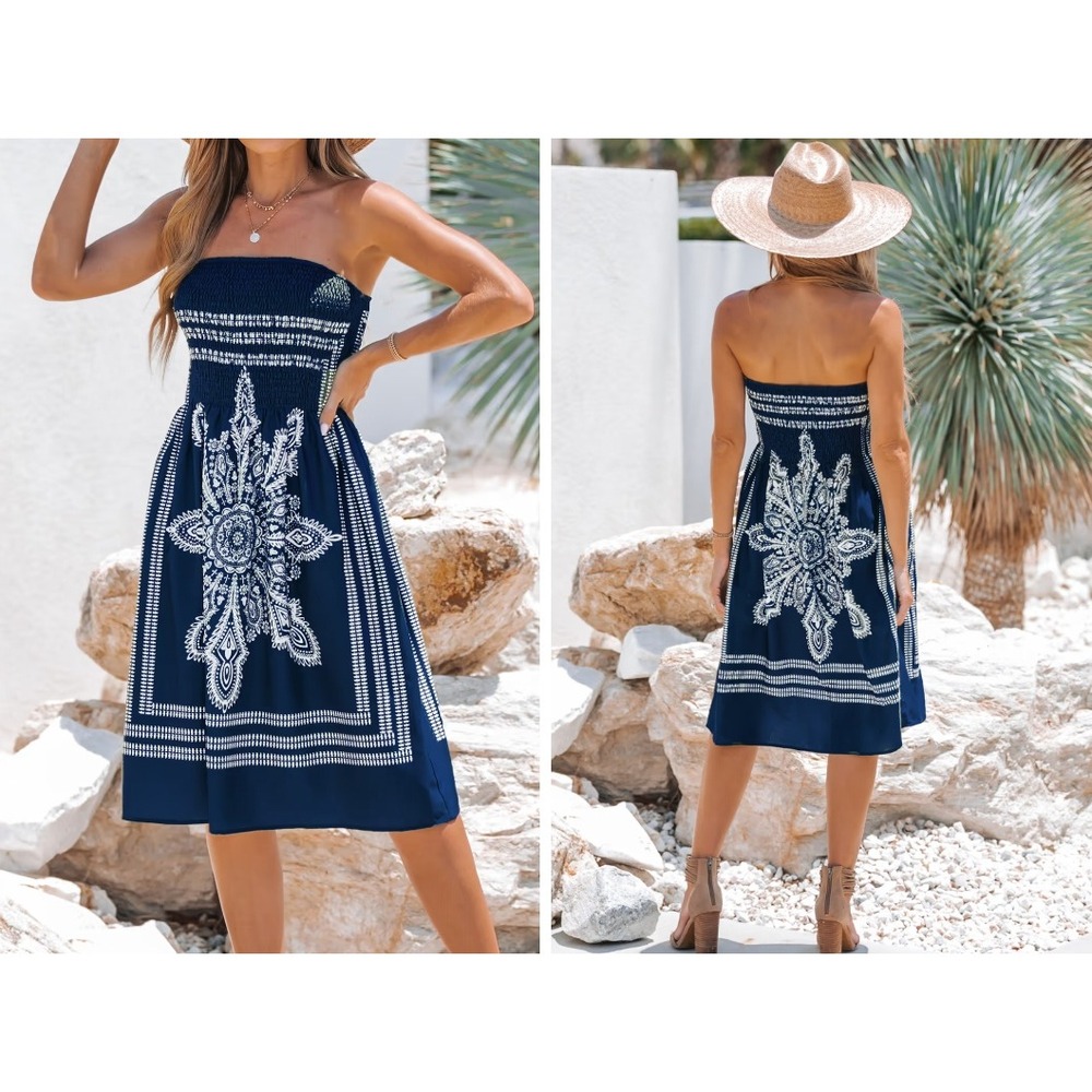 Cupshe Navy Blue Strapless Midi Dress with White Mandala Print, NWOT